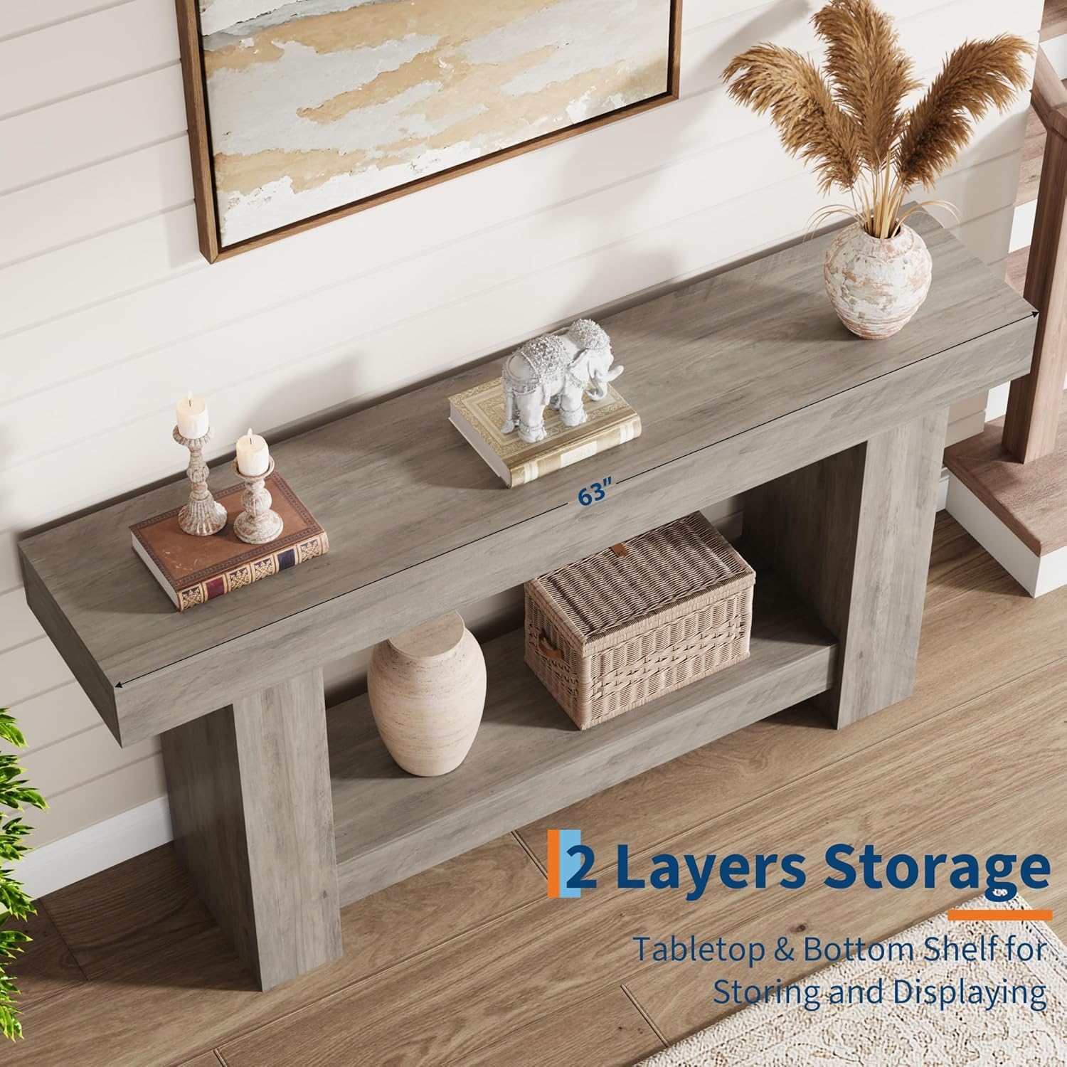 GarveeHome Entryway Console Table, Farmhouse 2-Tier Entryway Table, Long Sofa Accent Table Behind Couch Table with Open Storage for Entrance, Living Room, Hallway, Light Grey, 63"