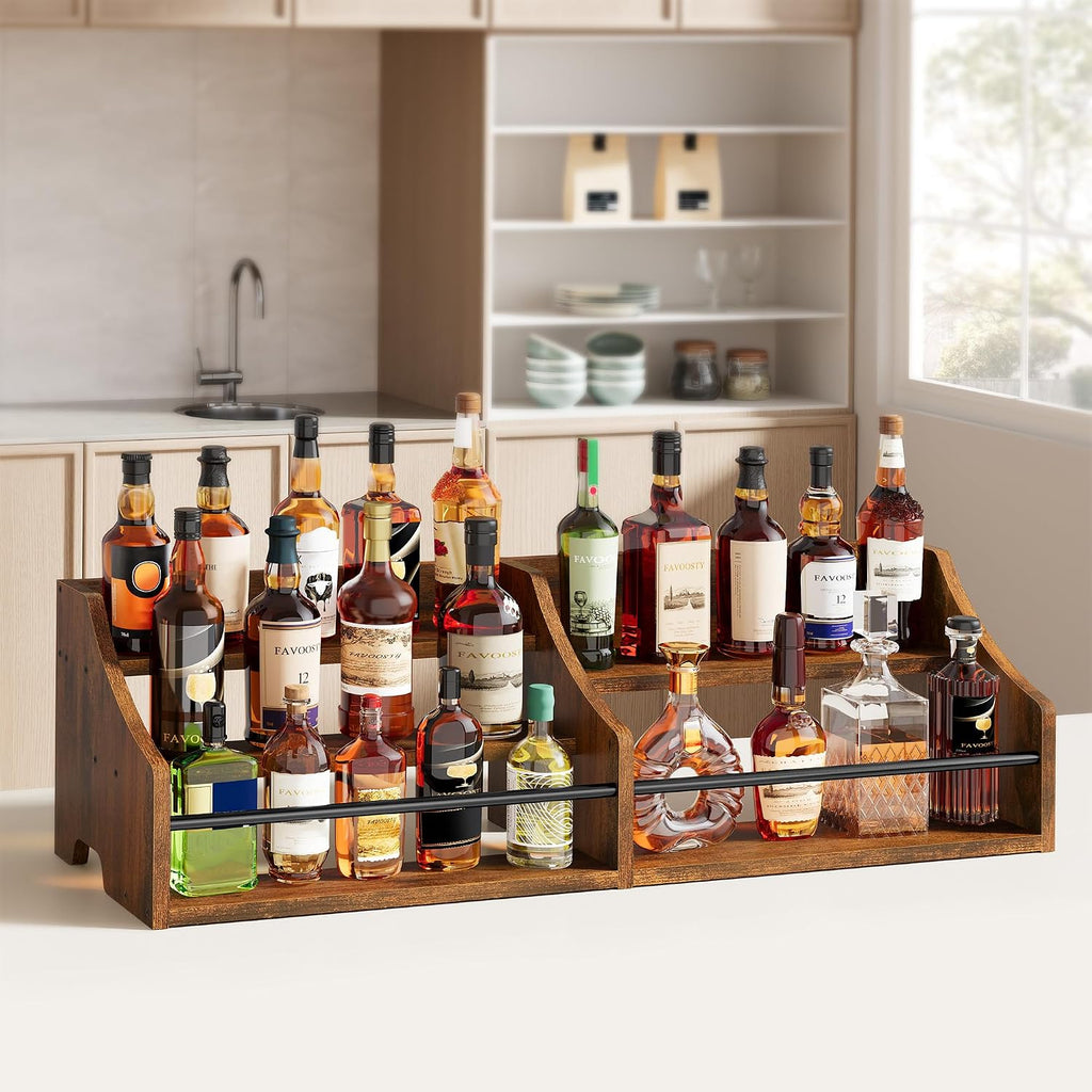 FAVOOSTY 5 Tier Countertop Liquor Bottle Display Shelf Organizer, Retro Tabletop Wine Rack Stand, Storage Holder for Whiskey, Spirits, Coffee Syrup, Mini Home Bar & Liquor Cabinet, Rustic Brown