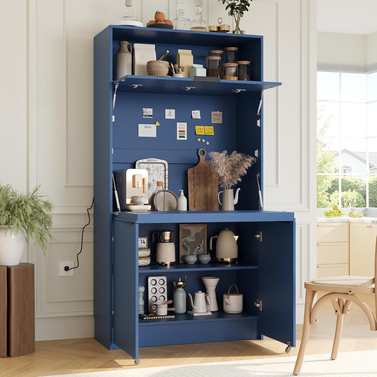 MERITLINE Compact Kitchen Pantry with Hutch and Foldable Workstation, Multifunctional 69''H Buffet Storage Cabinet with Adjustable Shelf & Power Outlet for Dining Living Room (Dark Blue)