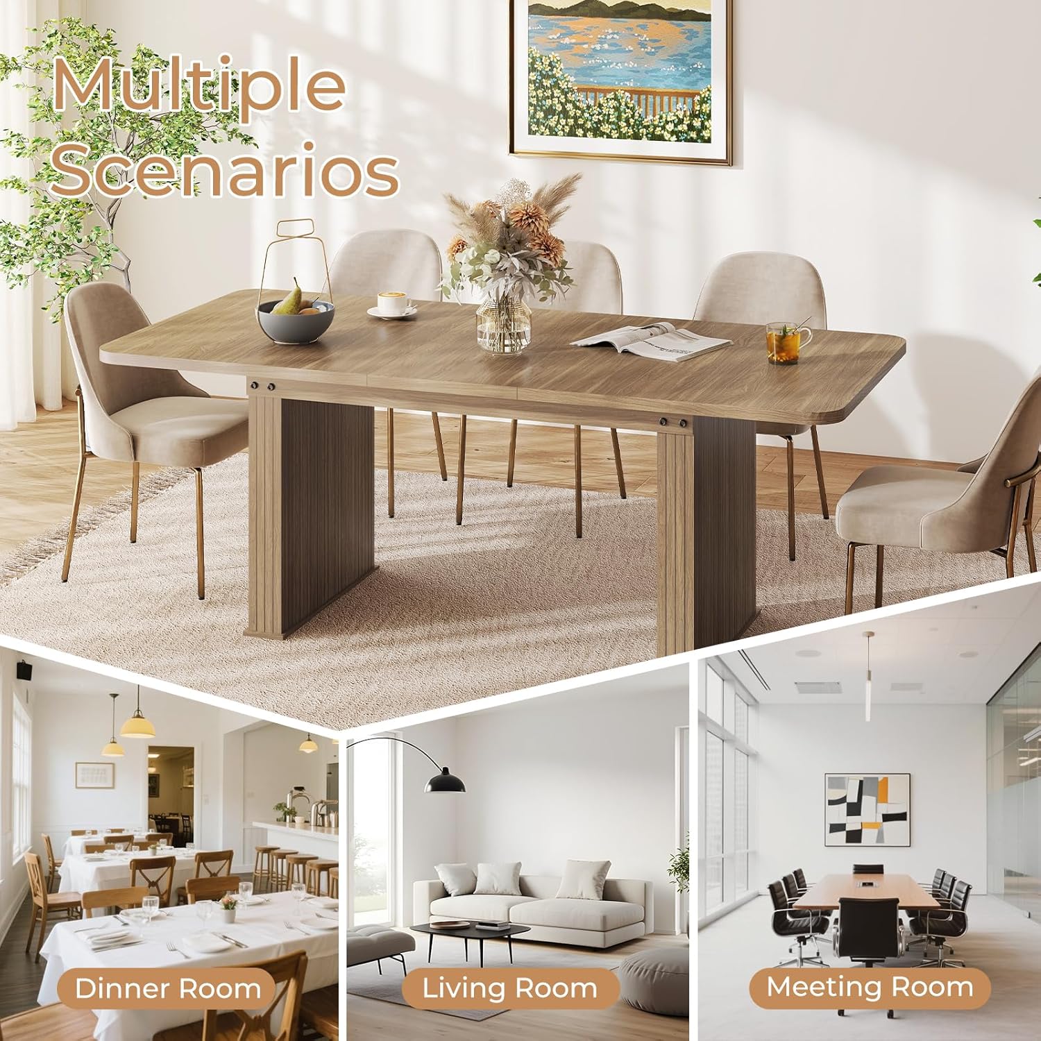 Zevemomo 63"-78.7" Expandable Dining Table, 6-10 Farmhouse Kitchen Table, Rectangular Extendable Dining Table, with Metal Slide Track, Widened Wood Striped Legs for Dining Room-Beige Brown