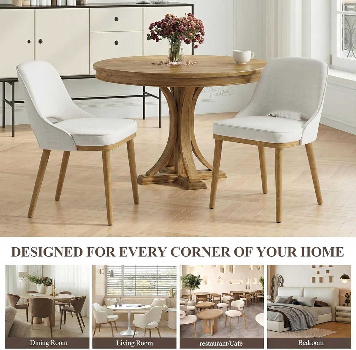 MALOL Wooden Dining Chairs Set of 2, Modern Fabric Upholstered Dining Room Chair, Kitchen Side Chairs, Farmhouse Armless Dinner Chair with Open Back for Kitchen, Beige