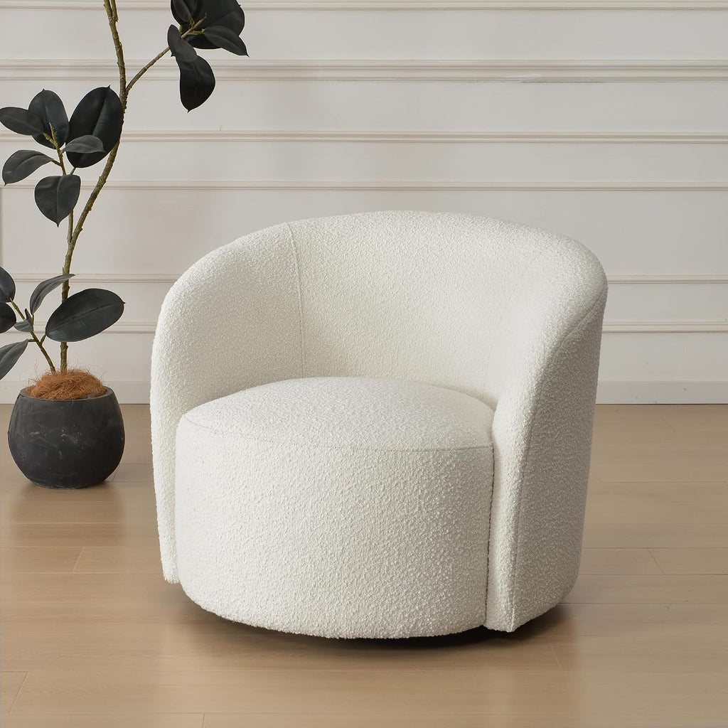 KINWELL 34" W Mid Century Modern Boucle Swivel Barrel Chair, Cream