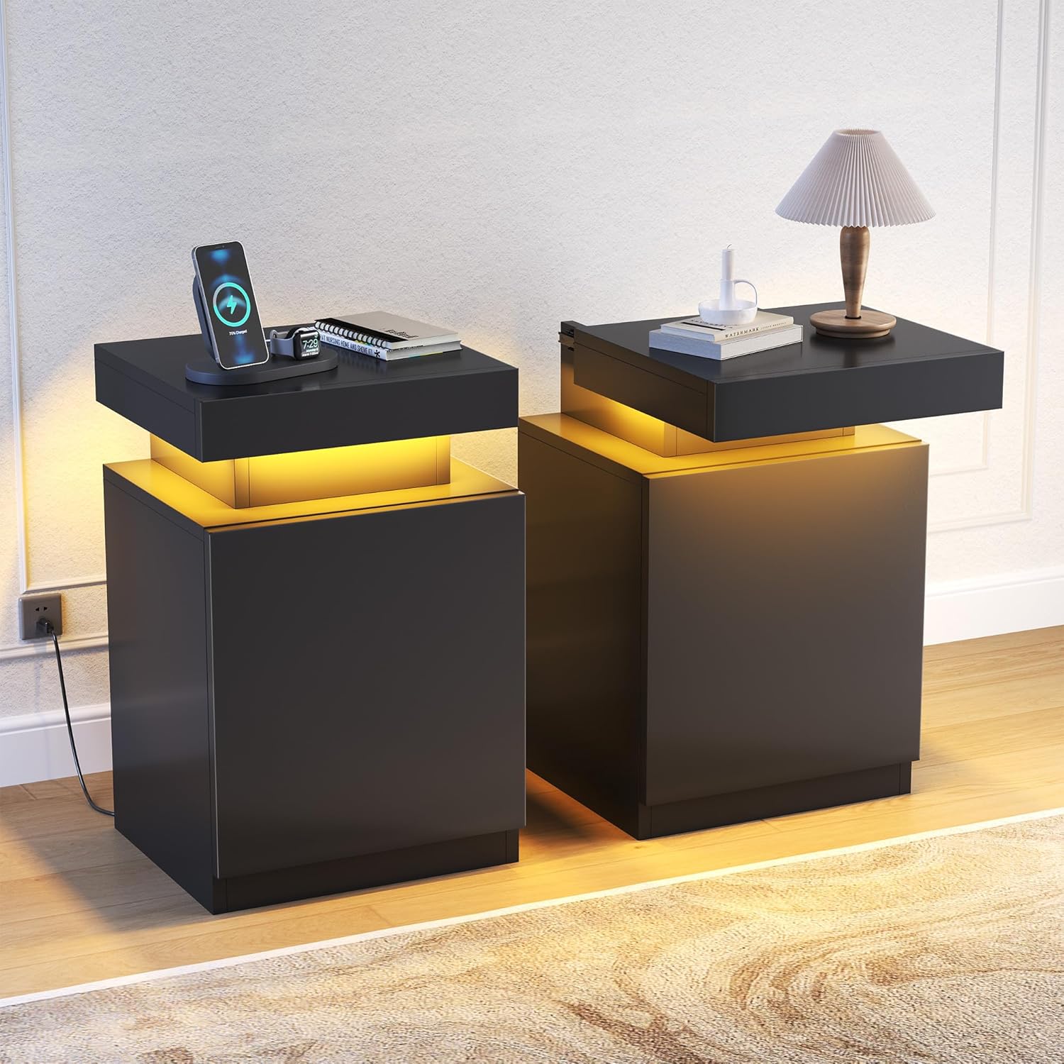 MXV Nightstand with LED Lights & Charging Station, Black Bedside Tables with USB Ports, Storage Cabinet & Drawers for Bedroom, Modern End Tables for Living Room(24 in Tall)
