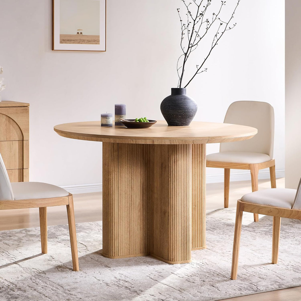 T4TREAM 47" Fluted Round Dining Table for Kitchen Living Room, Natural Oak | Mid Century Modern Kitchen Table,Seats 4-6,Thickened Edge and Sturdy Reeded Pedestal Base