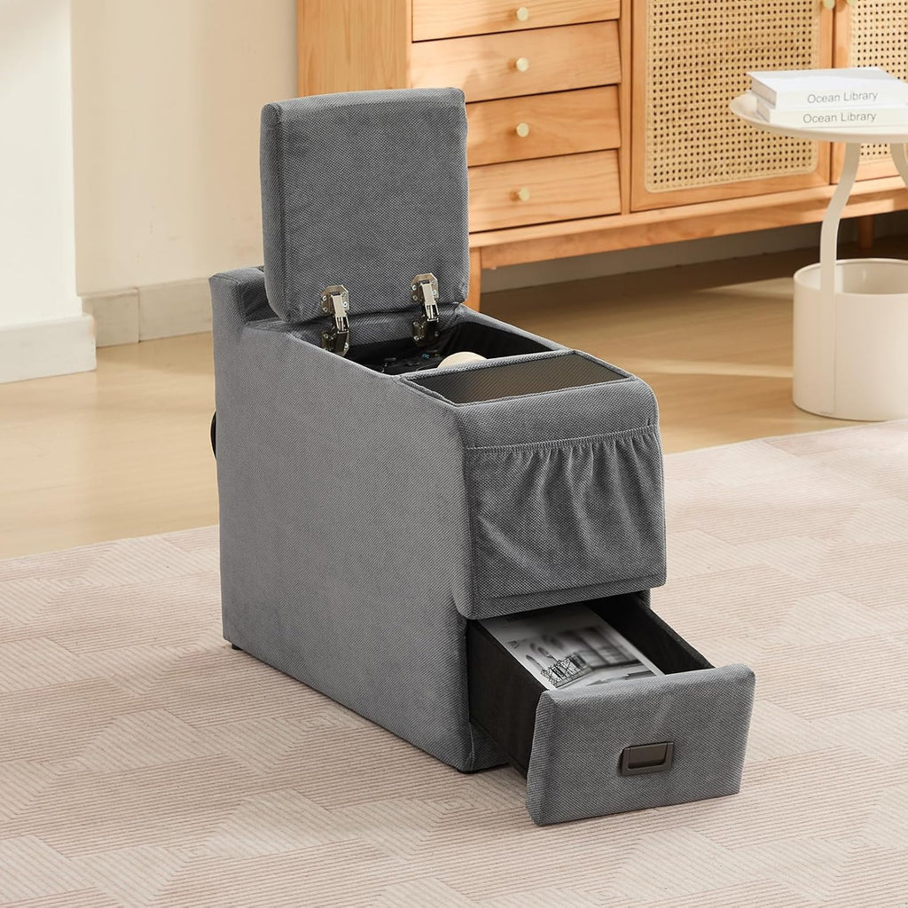 Center Console for Recliner, Fuctional Sofa Side Table with Storage Drawers, Gray Sofa Console Table with Dual Charging Ports, End Table (Linen, Gray)