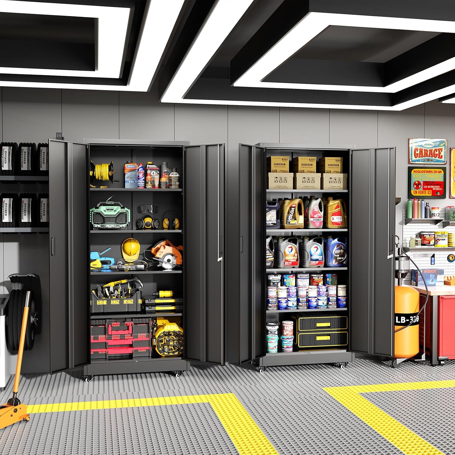 Greenvelly 73" Metal Garage Storage Cabinet with Wheels, Black Lockable Metal Cabinet with 2 Doors and 4 Adjustable Shelves, Rolling Steel Tool Organization for Garage, Home, Office, School