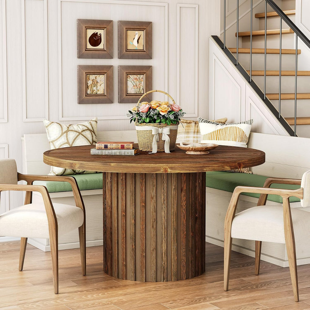 Tribesigns 47-Inch Round Dining Table for 4-6, Farmhouse Wood Kitchen Table with Striped Pedestal Base, Circle Wooden Dining Room Furniture for Kitchen Living Room, Dark Brown