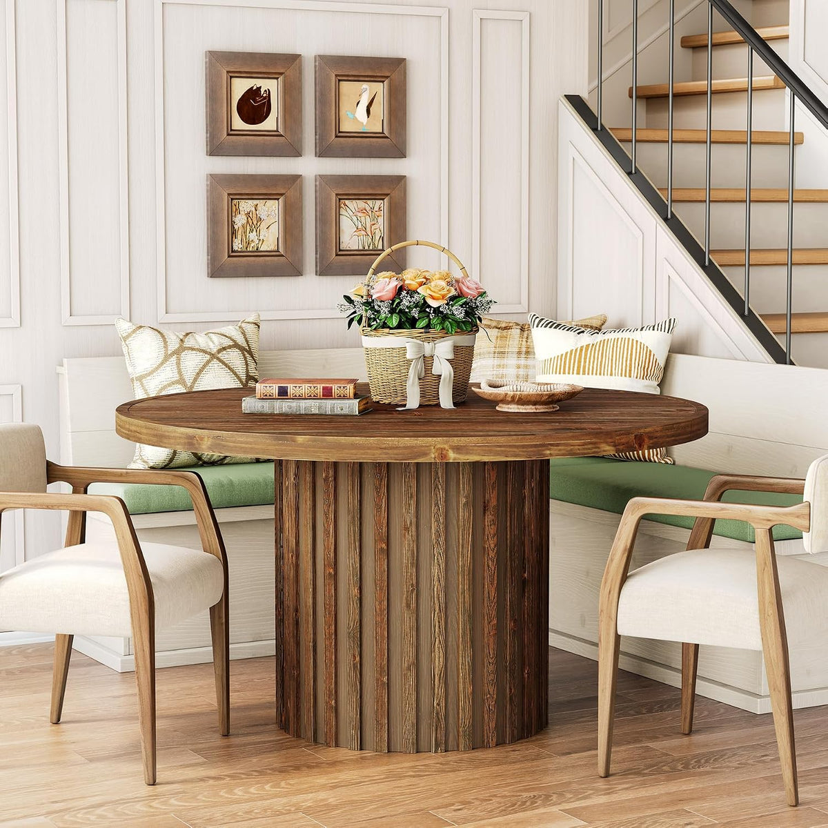 Tribesigns 47-Inch Round Dining Table for 4-6, Farmhouse Wood Kitchen Table with Striped Pedestal Base, Circle Wooden Dining Room Furniture for Kitchen Living Room, Dark Brown