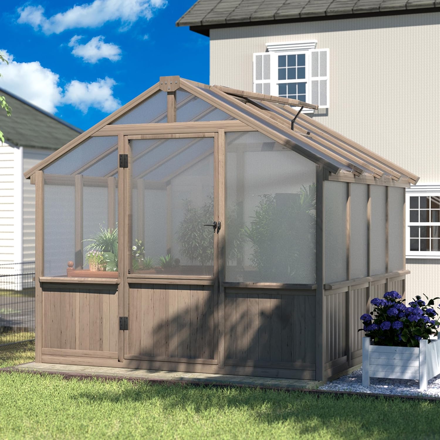 8x8 FT Greenhouse Kit for Outdoor, 6MM Thick Polycarbonate Panel Wooden Walk-in Green House with Lockable Door and Adjustable Roof Vent, Backyard Garden, Light Mocha Brown