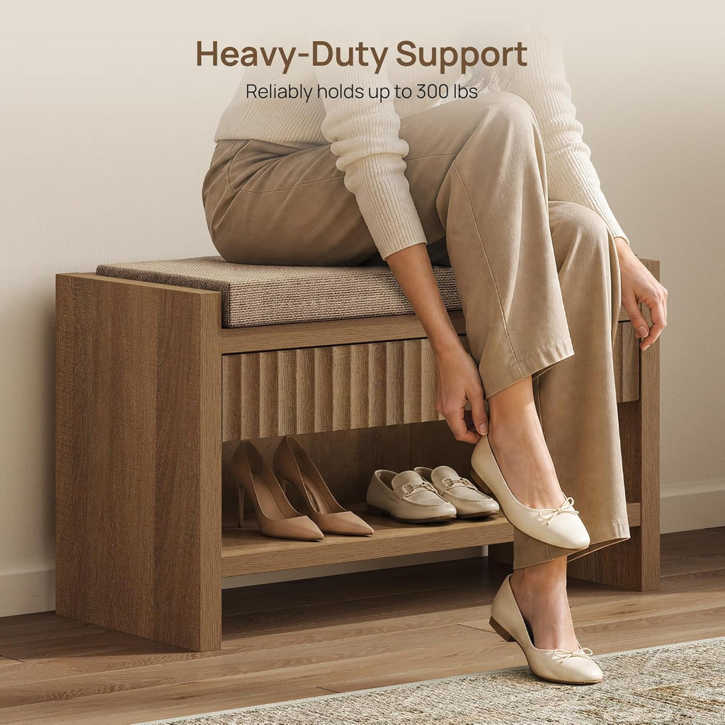 SICOTAS Fluted Shoe Bench with Cushion & Drawer for Entryway, Caramel Oak | Modern Fluted Design, 300 lb Capacity, 19.69"H Ergonomic Seat, Spacious Drawer, Open Shoe Storage, Multi-Room Use