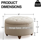 30'' Round Ottoman Coffee Table with Storage, Upholstered Tufted Ottoman with Flip Tray, Solid Wood Legs for Living Room, Bedroom, Khaki