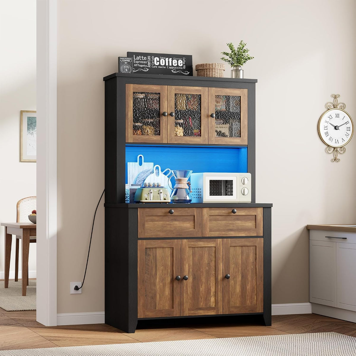 Garvee 66" Tall Pantry Cabinet with LED Lights & Charging Station, Kitchen Pantry Storage Cabinet Kitchen Hutch Coffee Bar with Adjustable Shelves for Dining Room, Living Room