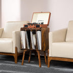 LELELINKY Small Record Player Stand, 4 Cabinet Vinyl Storage Table, Brown | Width 11.7 In, Up to 80 Albums, Vinyl Holder with Wood Legs, Turntable Stand Display Shelf for Bedroom and Living Room