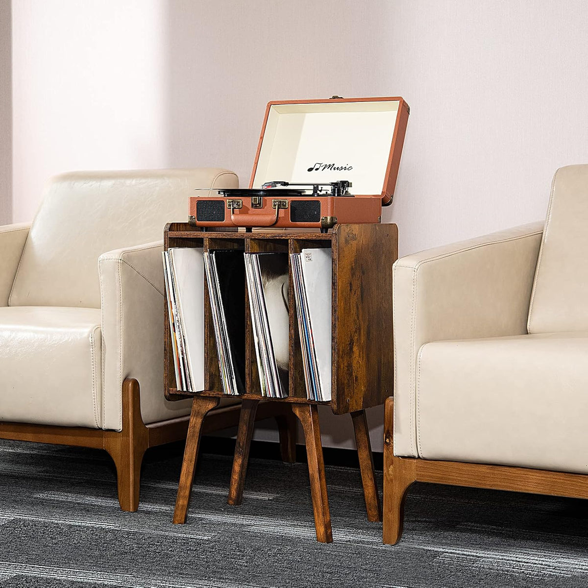 LELELINKY Small Record Player Stand, 4 Cabinet Vinyl Storage Table, Brown | Width 11.7 In, Up to 80 Albums, Vinyl Holder with Wood Legs, Turntable Stand Display Shelf for Bedroom and Living Room