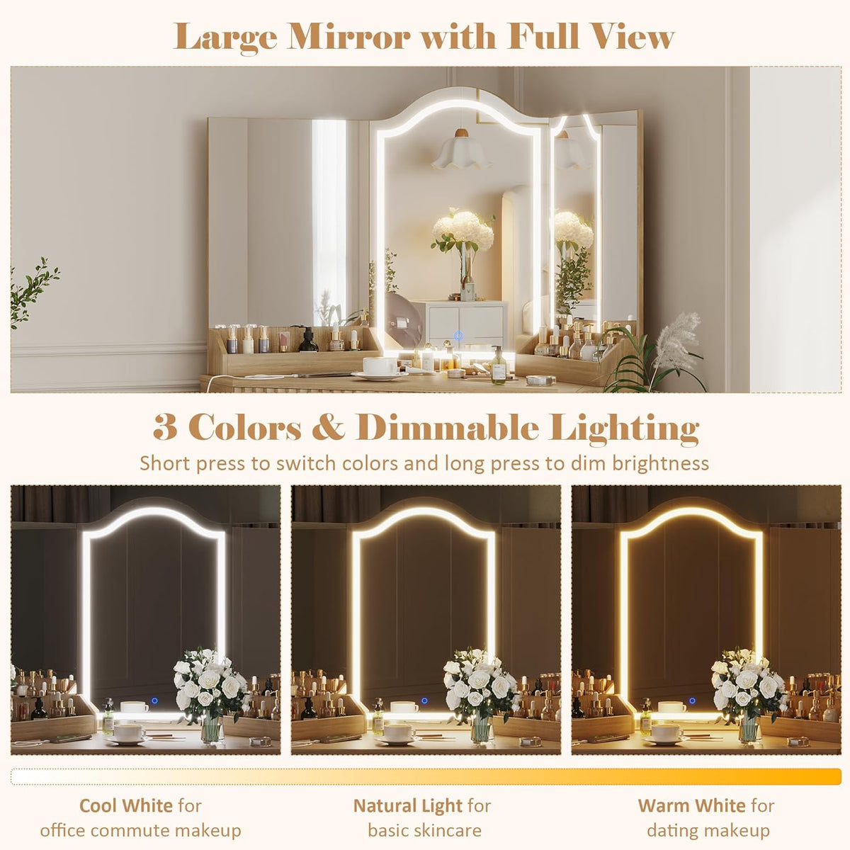 Corner Vanity Desk with 3 Way Mirror & LED Lights, Makeup Table Set with Charging Station, Storage Drawers & Side Cabinets, Modern Bedroom Dressing Table for Women & Girls Birthday Gift