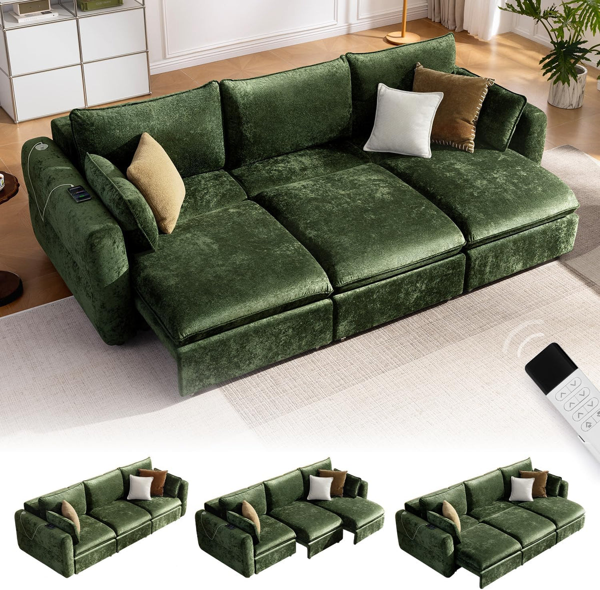 103" Electric Pull Out Sleeper Sofa Bed, 2in1 Power Extendable Couch Bed | Velvet Green, Fast Charging USB Port, 3 Smart Motor, Wide Backrest, Oversized Convertible Couches for Living Room Small Space
