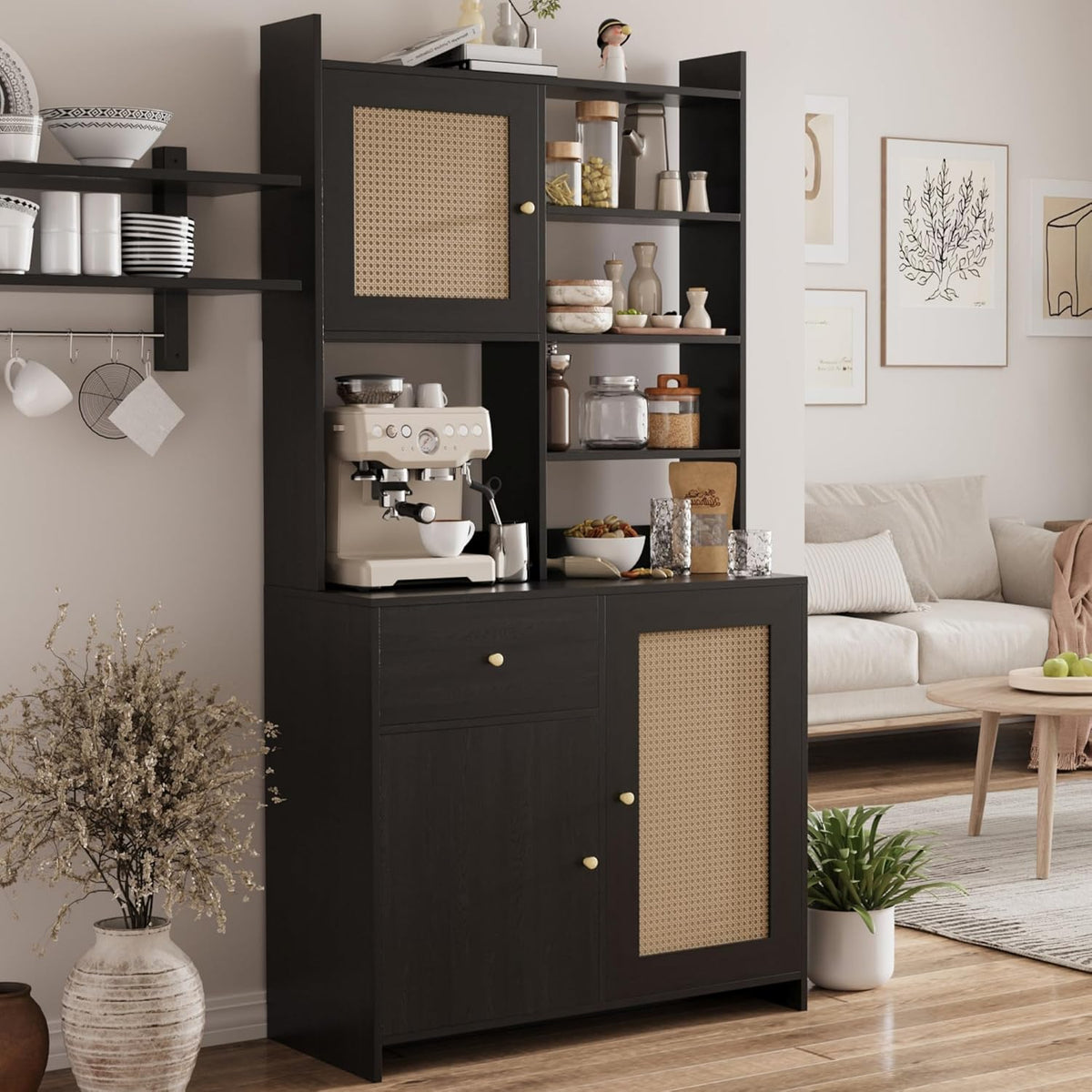 IDEALHOUSE Kitchen Pantry Cabinet with Adjustable Shelf, 71" Tall Storage Cabinet with Microwave Stand, Food Pantry Cabinets for Kitchen, Dining Room, Living Room, Black