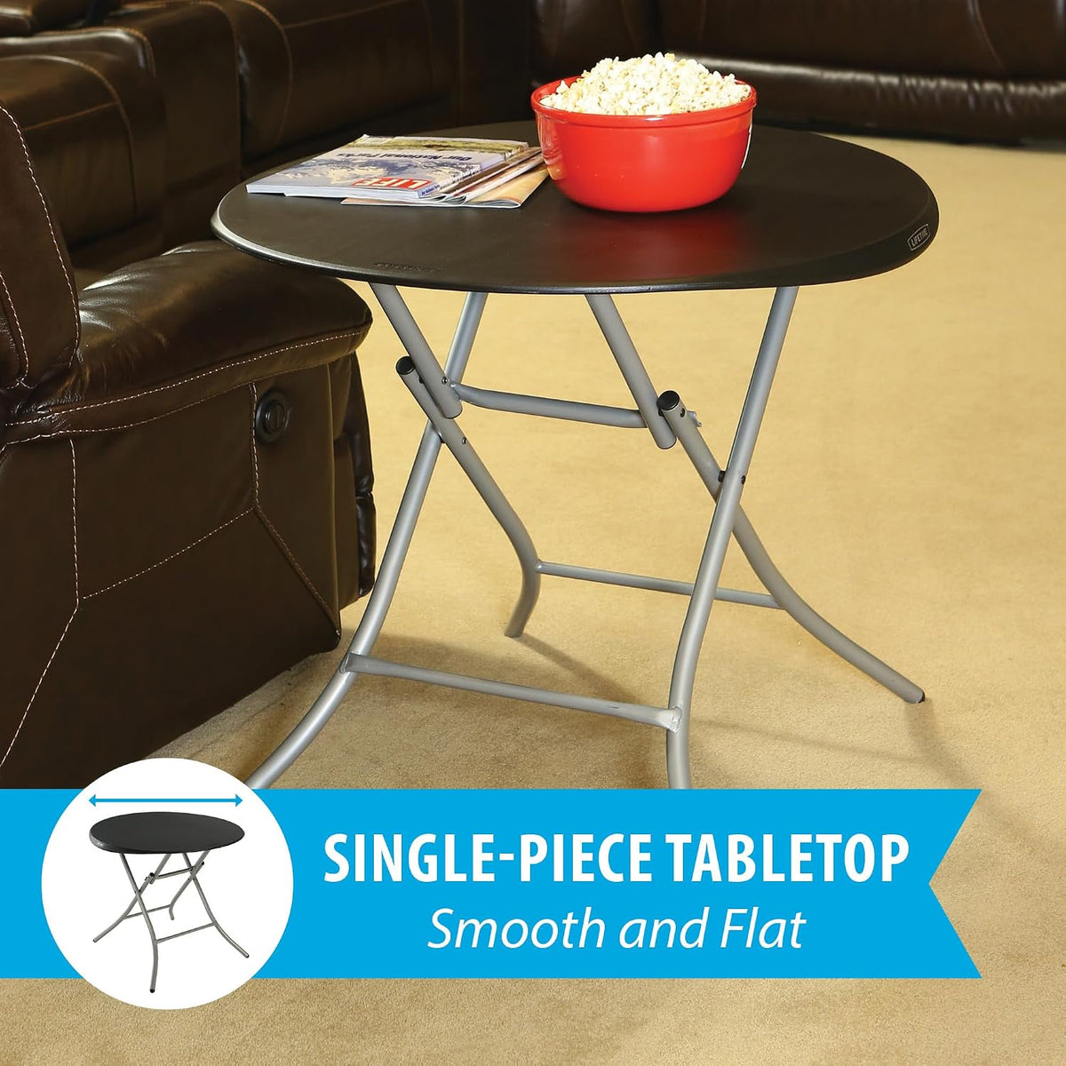 LIFETIME 33-Inch Round Folding Table, Black, Portable Indoor Outdoor Use