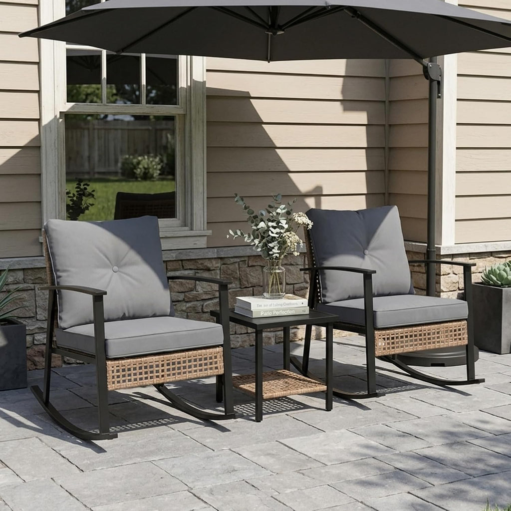 TARKARI 3-Piece Patio Rocking Chairs Set of 2, Outdoor Rocking Chair Bistro Set with Upgraded 2.0 Rust-Proof Alloy Frame & Premium Olefin Cushions, Wicker Rocking Chairs Patio Furniture Set, Grey