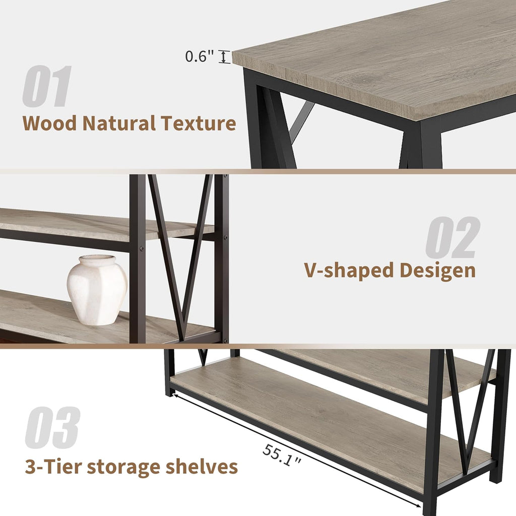 IDEALHOUSE Industrial Entryway Table, 47 in Narrow Long Console Table with Storage, 3 Tier Wood Console Table for Living Room, Farmhouse Sofa Tables Behind Couch, Hallway Table for Foyer-Grey