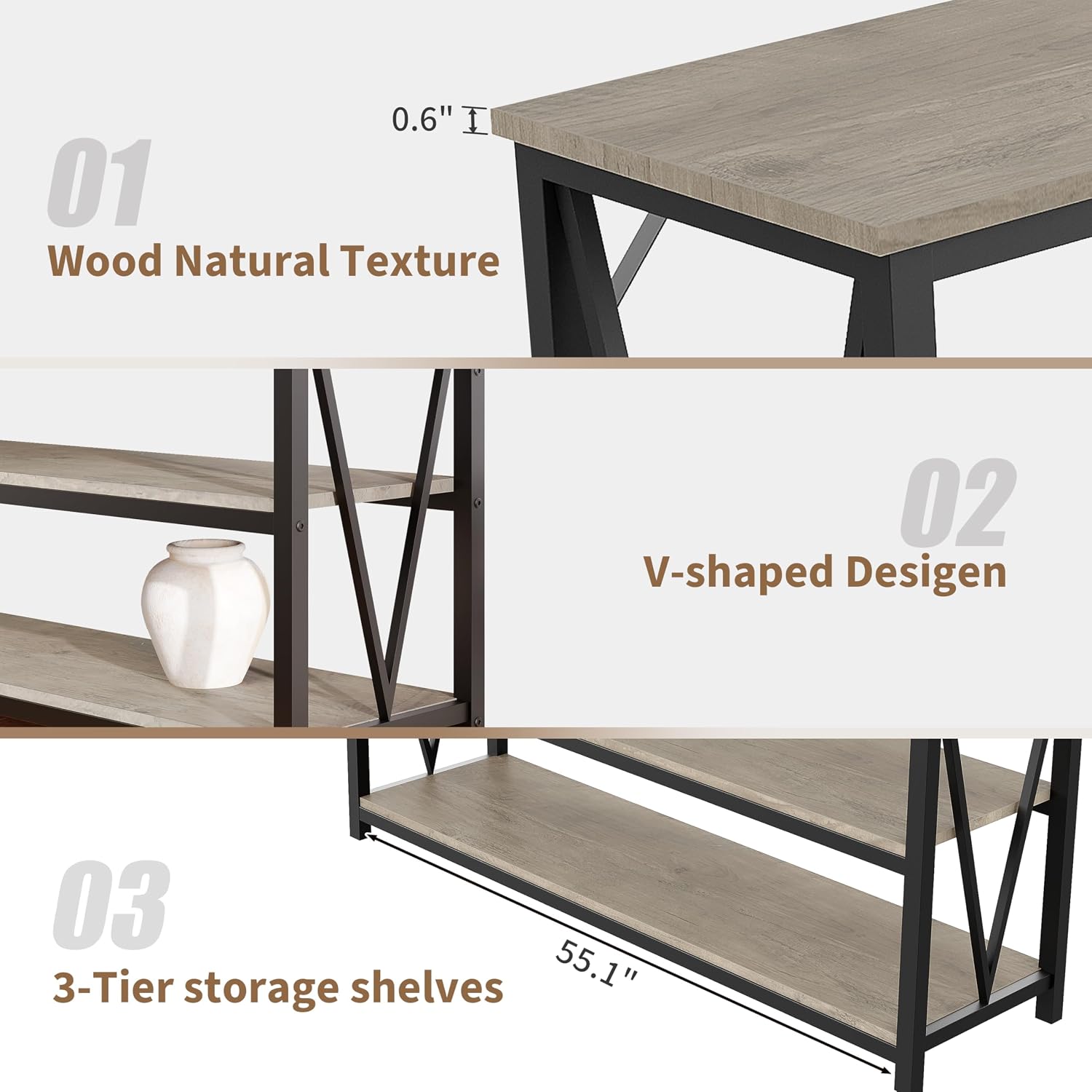 IDEALHOUSE Industrial Entryway Table, 47 in Narrow Long Console Table with Storage, 3 Tier Wood Console Table for Living Room, Farmhouse Sofa Tables Behind Couch, Hallway Table for Foyer-Grey