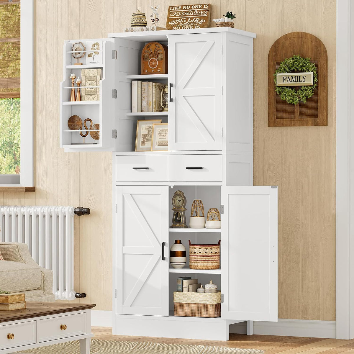 TEENFON Farmhouse Pantry Cabinet, 66.9″H Tall Kitchen Storage Cabinet with Barn Doors, Adjustable Shelves & Drawer, Freestanding Cupboard for Kitchen, Dining Room, Living Room, Bathroom, White