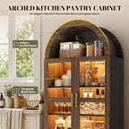 71" Tall Arched Kitchen Pantry Cabinet with LED Light, Modern Farmhouse Kitchen Storage Cabinet with 2 Large Drawers & Glass Doors, Versatile Cupboard for Living Room, Dining Room, Brown