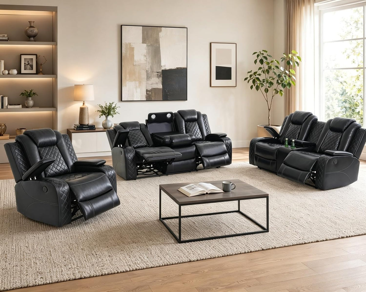 Power Recliner Sofa Set, Breathing Leather Reclining Couch Set, 3 Piece Living Room Furniture Set with LED Lights/Charging Ports/Storage for Home/Office (Black, Sofa+Loveseat+Chair)