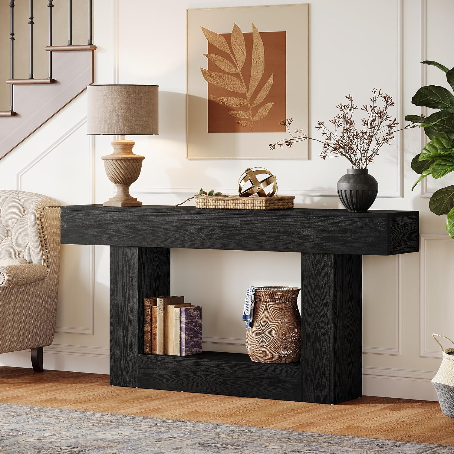Tribesigns 63-Inch Long Console Table, 2-Tier Entryway Table Sofa Table with Storage, Farmhouse Wood Behind Couch Table for Living Room, Hallway, Black