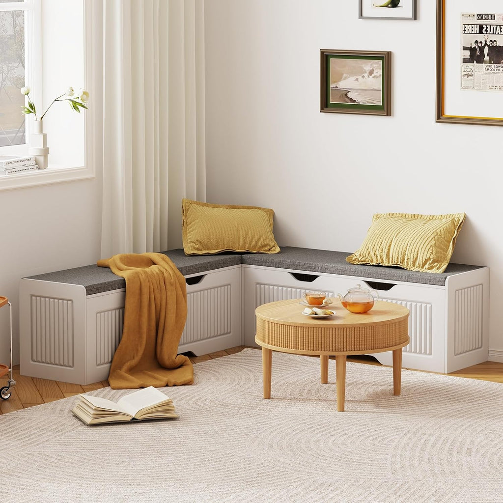 L Shaped Corner Shoe Storage Bench with Cushion, Kitchen Breakfast Nook Bench with Lift Top Hidden Storage, Wood Flip-Top Shoe Benches for Entryway Dining Room, Kitchen, Bedroom