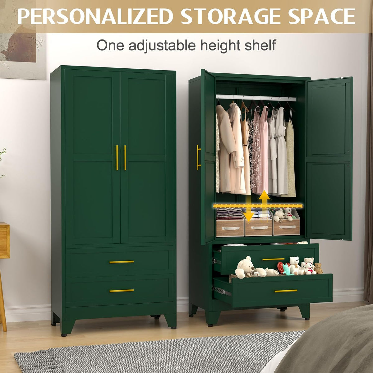 GAIOUS 71" Metal Armoire Wardrobe Closet, Metal Wardrobe Cabinet with Hanging Rod (Green)