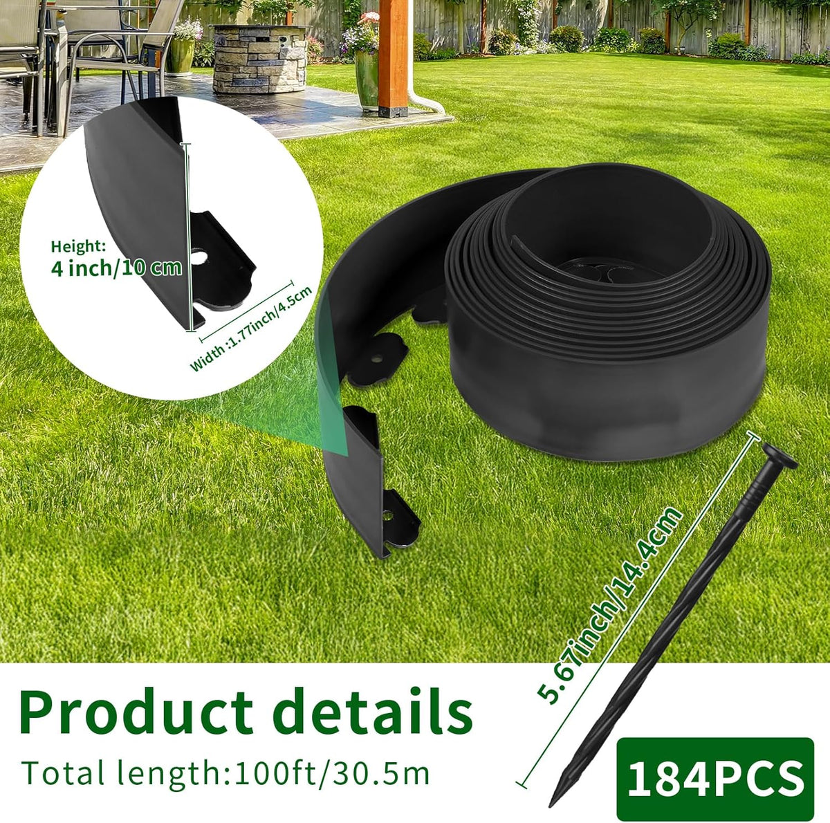4 in x 100 Ft Garden Landscape Edging, No Dig Garden Edging Border Kit with 184 Pcs Spikes for Flower Bed Lawn Yard Grass Black