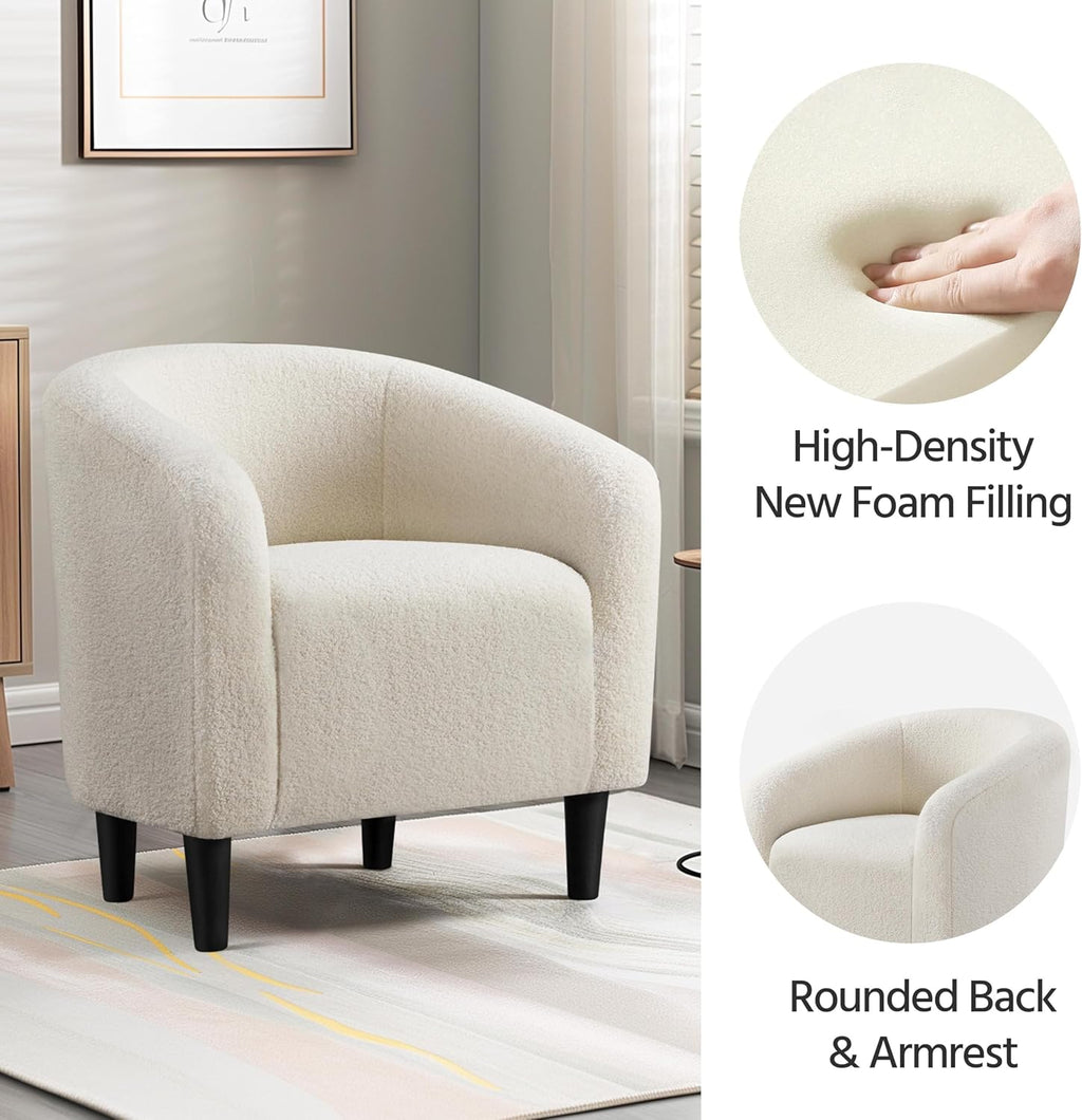 Yaheetech Small 25.5in Wide Sherpa Barrel Accent Chair for Bedroom, Ivory | Compact Cozy Barrel Chairs with a Curved Silhouette, Upholstered Furry Armchair for Small Spaces, Living Room Bedroom Corner