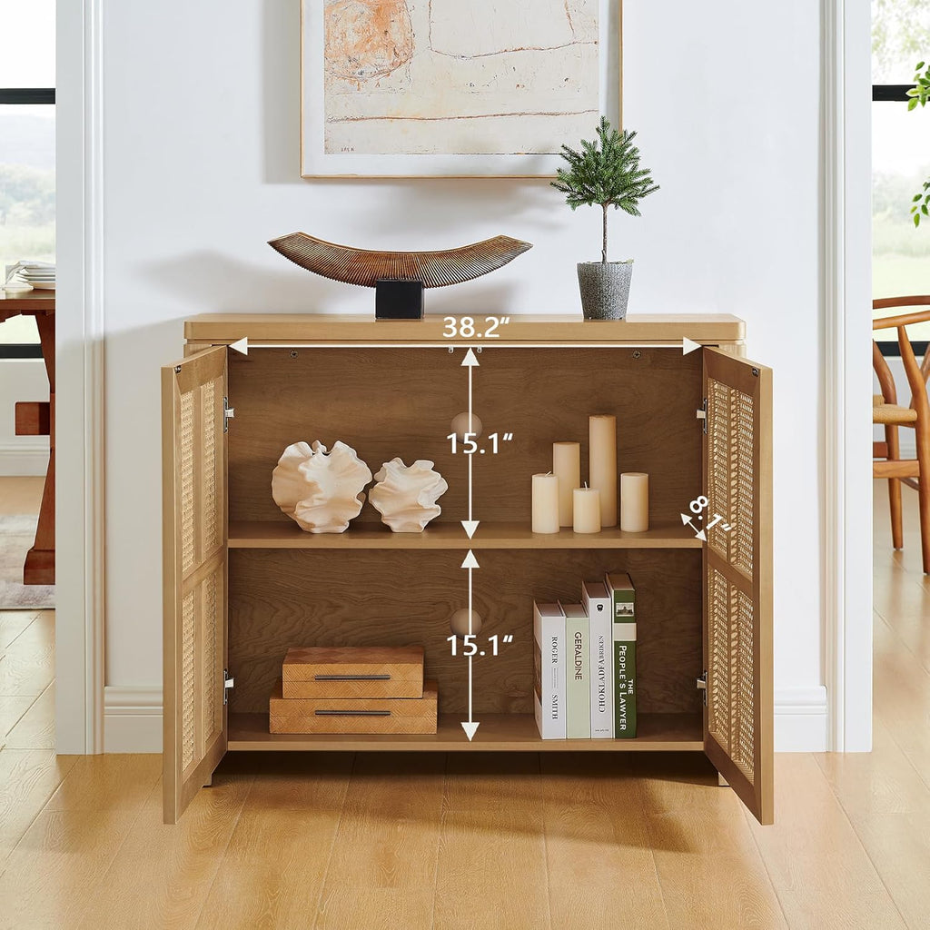 LKTART Small Sideboard Buffet Cabinet,Thin Kitchen Storage Cabinet with 2 Rattan Doors,Boho Wooden Console Table for Living Room,Entryway(39.4" Natural)