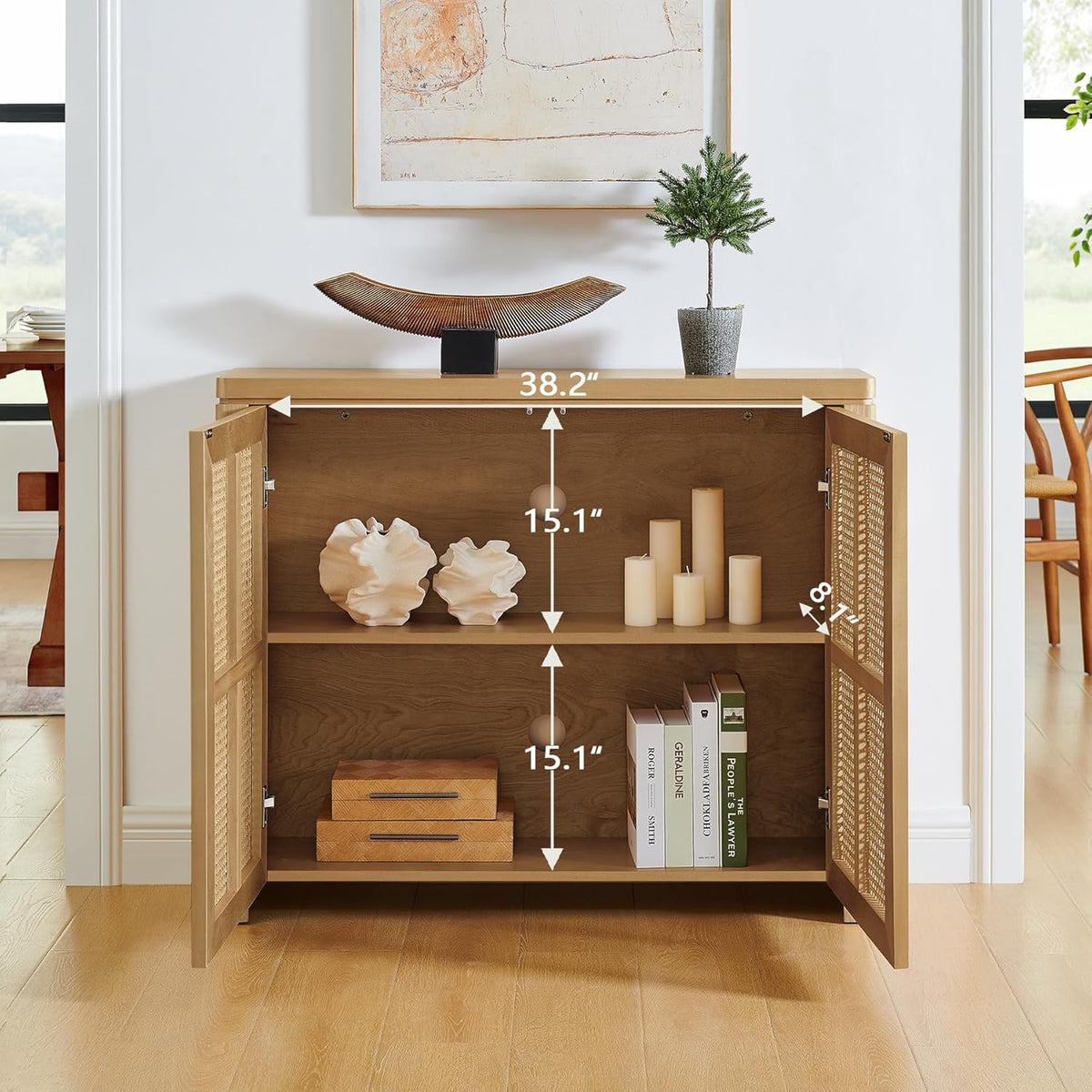 LKTART Small Sideboard Buffet Cabinet,Thin Kitchen Storage Cabinet with 2 Rattan Doors,Boho Wooden Console Table for Living Room,Entryway(39.4" Natural)