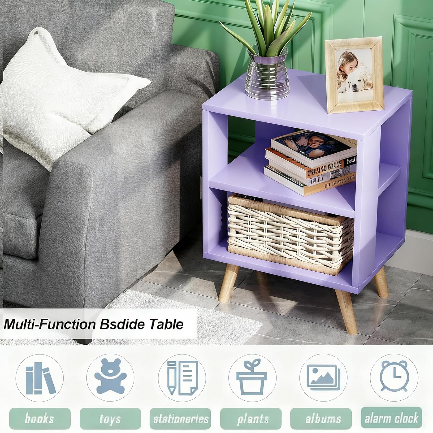 Aenuert Night Stand, Purple Nightstand, Modern End Table with Open Storage, 2-Tier Wooden Bedside Table for Small Space, Living Room, Bedroom
