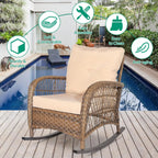 VIVIJASON Outdoor Wicker Rocking Chair, Patio Rattan Rocker Chair with Cushions & Steel Frame, All-Weather Rocking Lawn Wicker Furniture for Garden Backyard Porch (Beige)