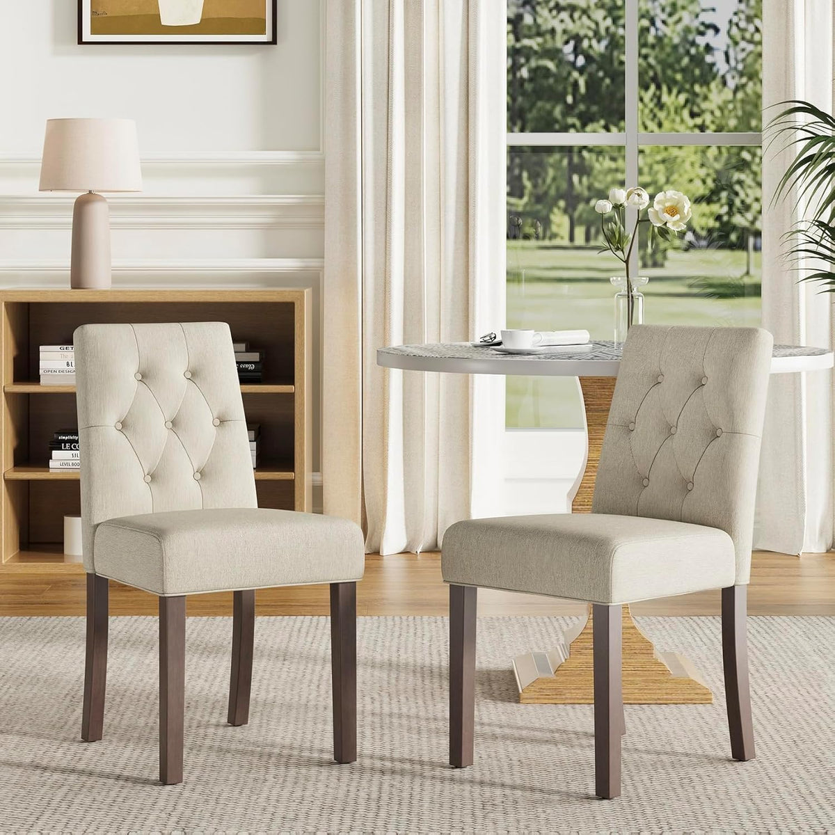 Upholstered Dining Chairs Set of 2, Modern Fabric Dining Chairs with Tufted Design, Kitchen Side Chairs, Farmhouse Dinner Chair with Wood Legs for Kitchen Restaurant Living Room, Beige
