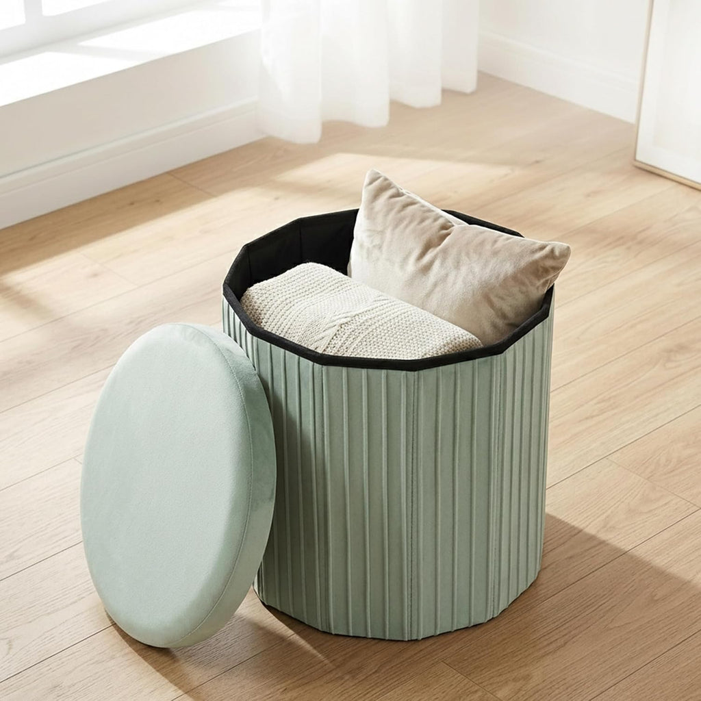 Relaxdays Velvet Stool with Storage Upholstered Foldable Height 38 x Depth 38 cm Round Side Stool Sage