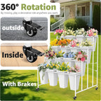 4 Layers Flower Display Stand with Buckets, 16 PCS Buckets Plant Stand with Wheels, Movable Metal Plant Stand for Terrace Garden, Living Room, Florist Shop