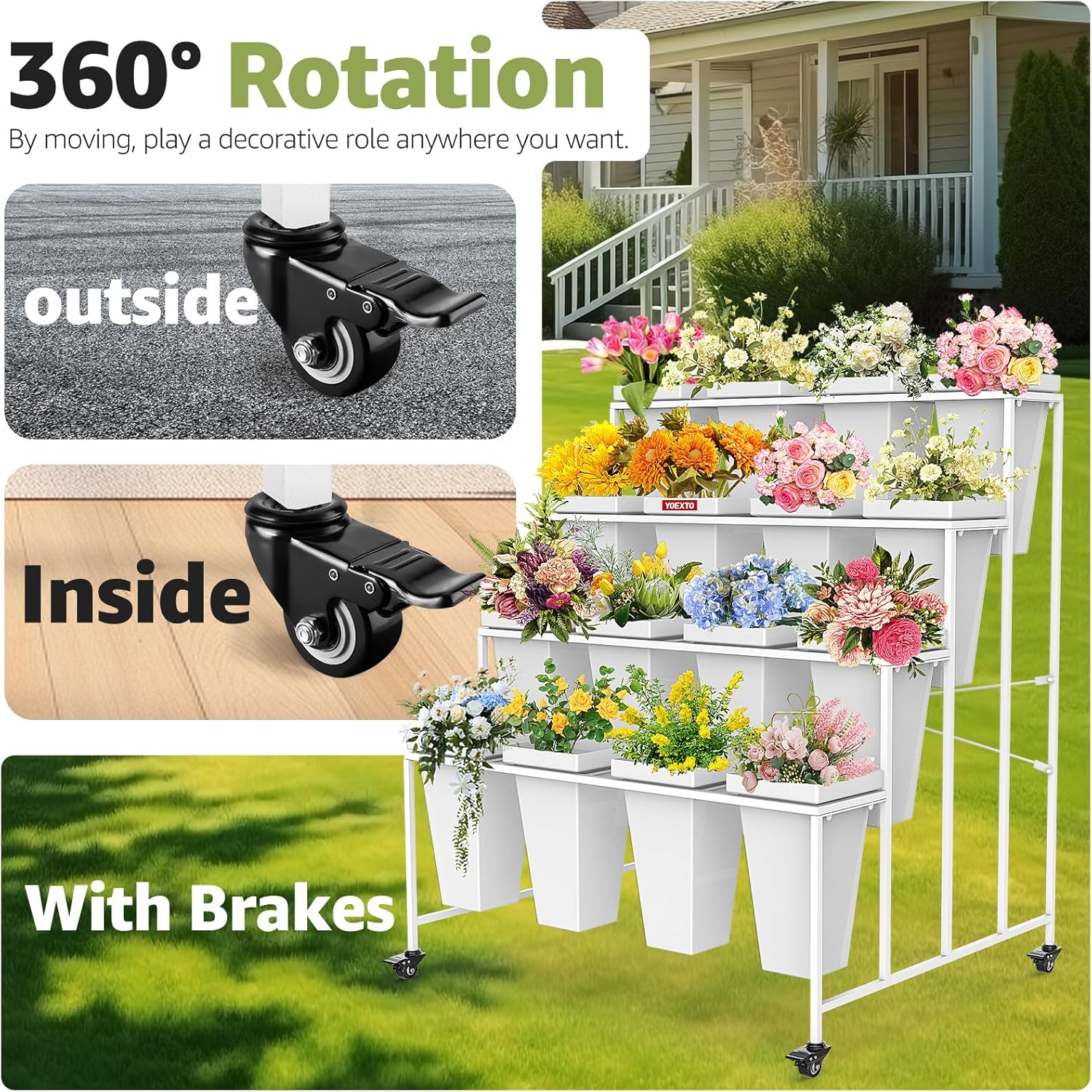4 Layers Flower Display Stand with Buckets, 16 PCS Buckets Plant Stand with Wheels, Movable Metal Plant Stand for Terrace Garden, Living Room, Florist Shop