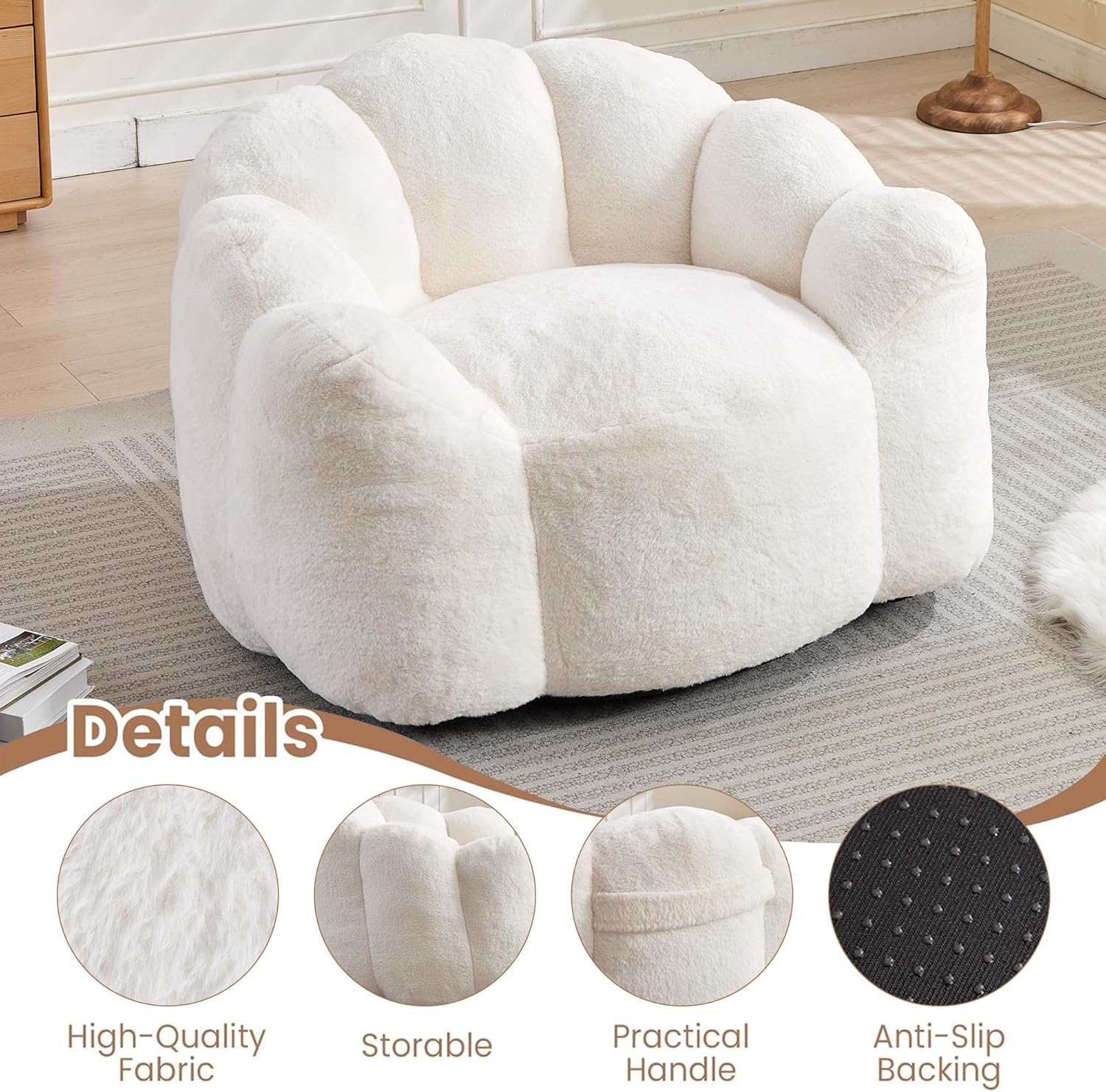 Bean Bag Chair for Adults, Floral Shaped Bean Bag Single Sofa, Ultra Soft Faux Fur Floor Sofa, Oversize Reading Chair for Living Room,Bedroom, Study, Beige,