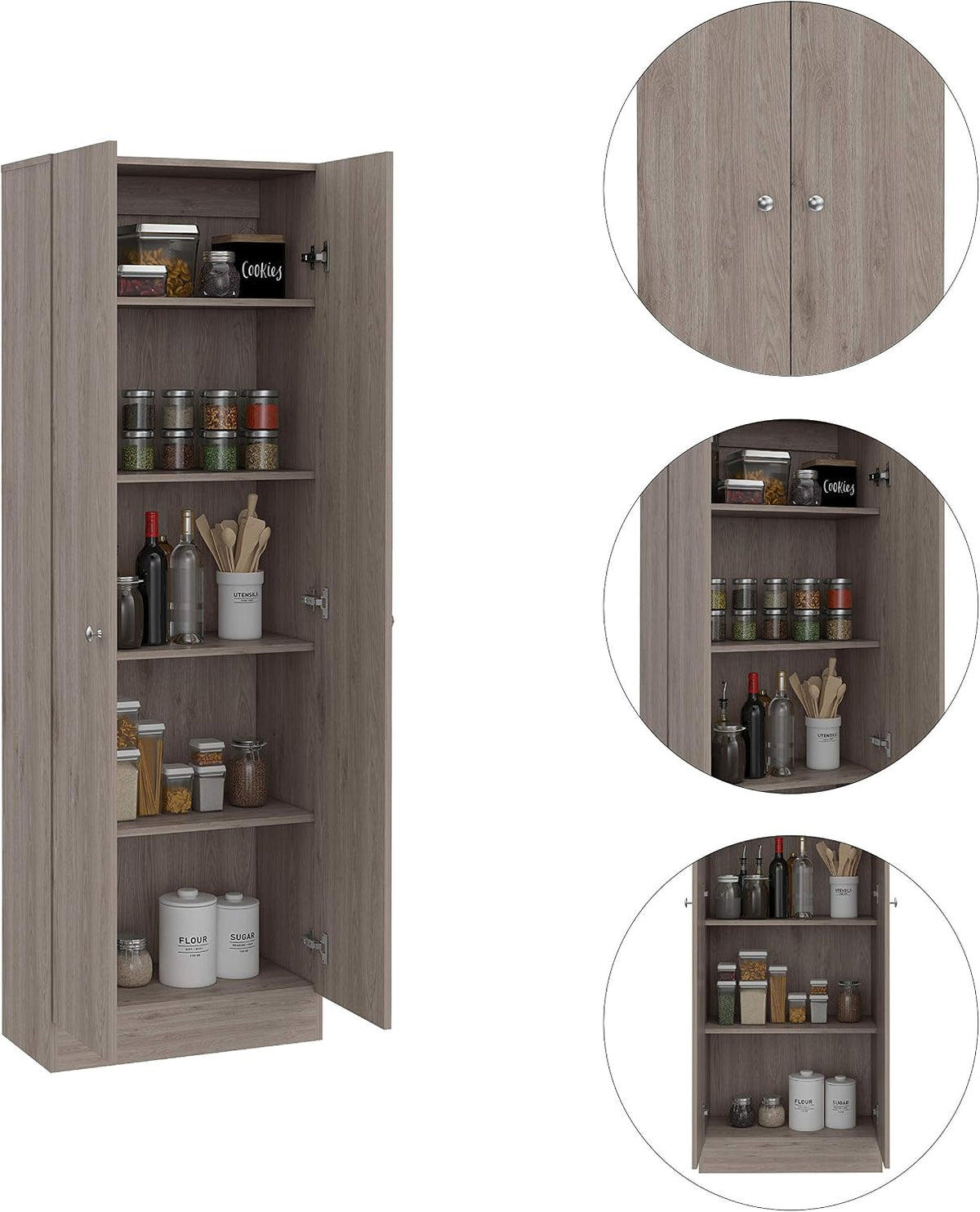 Multistorage Kitchen Pantry 70,8 inches H with Five Interior Shelves, Light Grey White