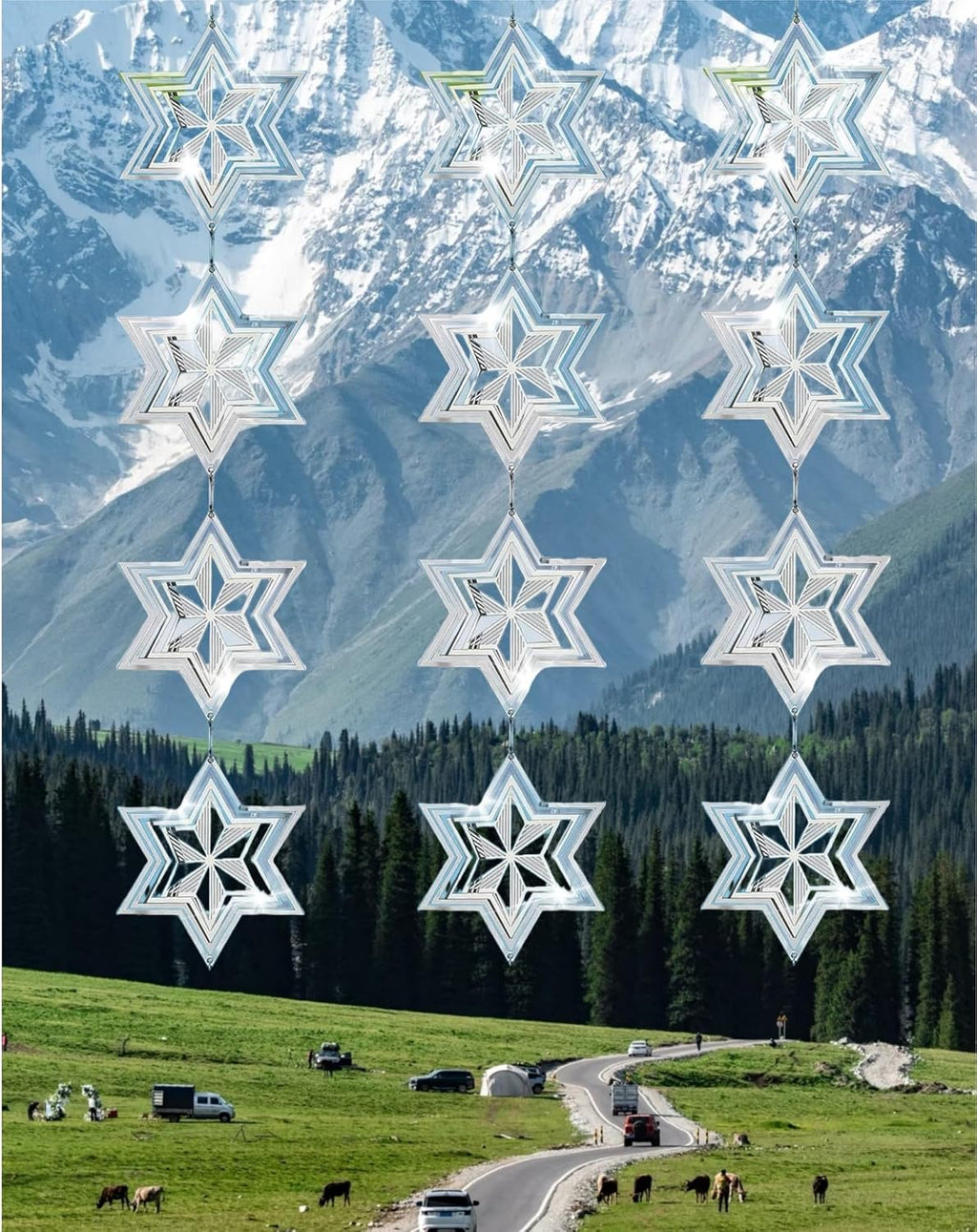 Stainless Steel Wind Spinner - Reflective Garden Spinner to Scare Birds Away, Sparkly Outdoor Decor for Yard, Patio, Farm - Heart Shaped Gift for Mom, Women, Wife (Hexagonal Star)