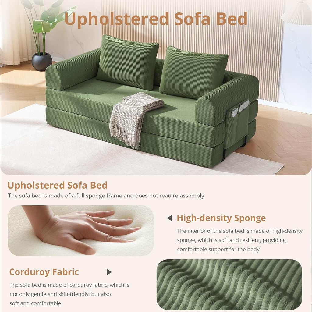 4-in-1 Folding Convertible Sofa Bed, 78 Inch Oversized Corduroy Loveseat Sleeper with Pull Out Bed, Futon Couch for Living Room Bedroom, No Assembly Needed, Olive Green
