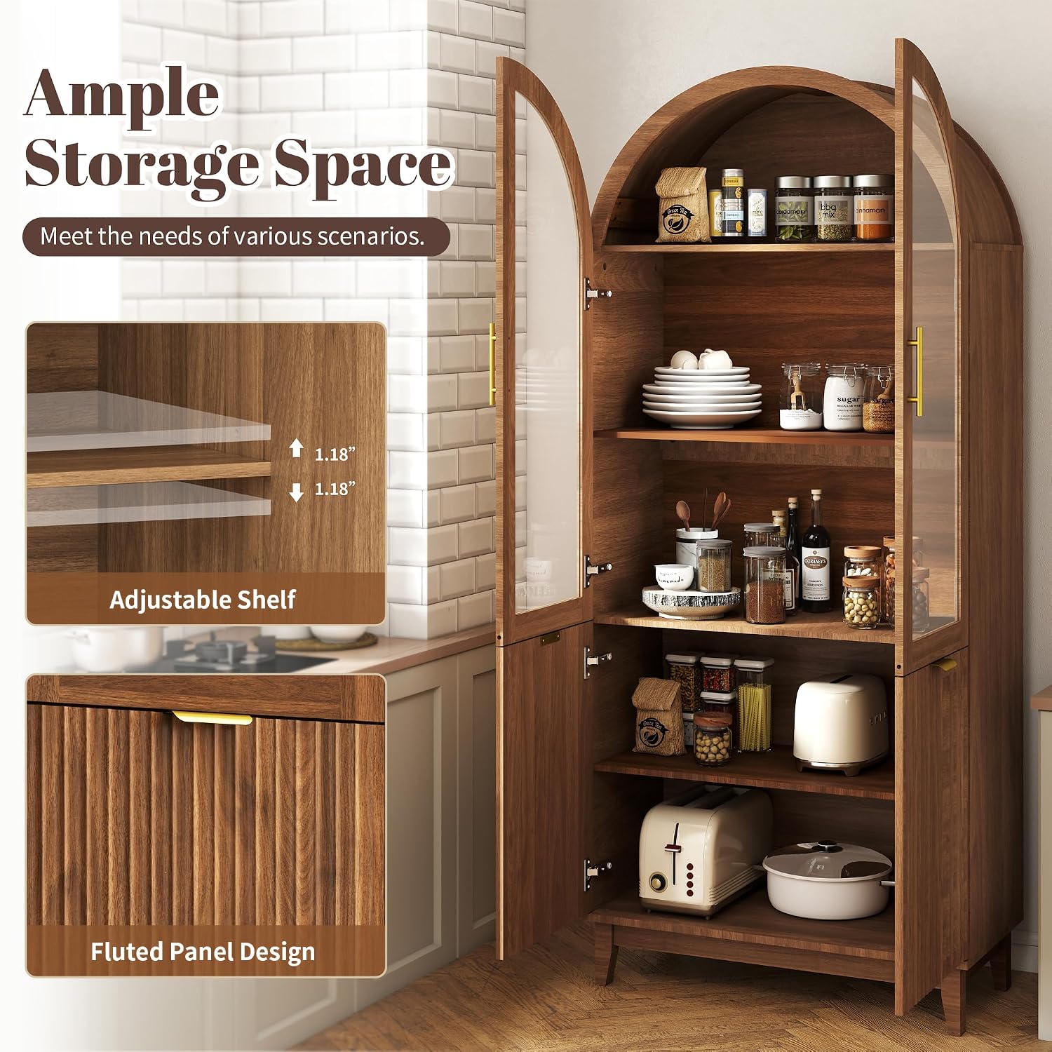 Pamapic 71" Tall Arched Cabinet, Fluted Kitchen Pantry with Glass Doors & Adjustable Shelves, Arch Storage Cabinet, Wooden Pantry for Dining Room, Living Room (Walnut)