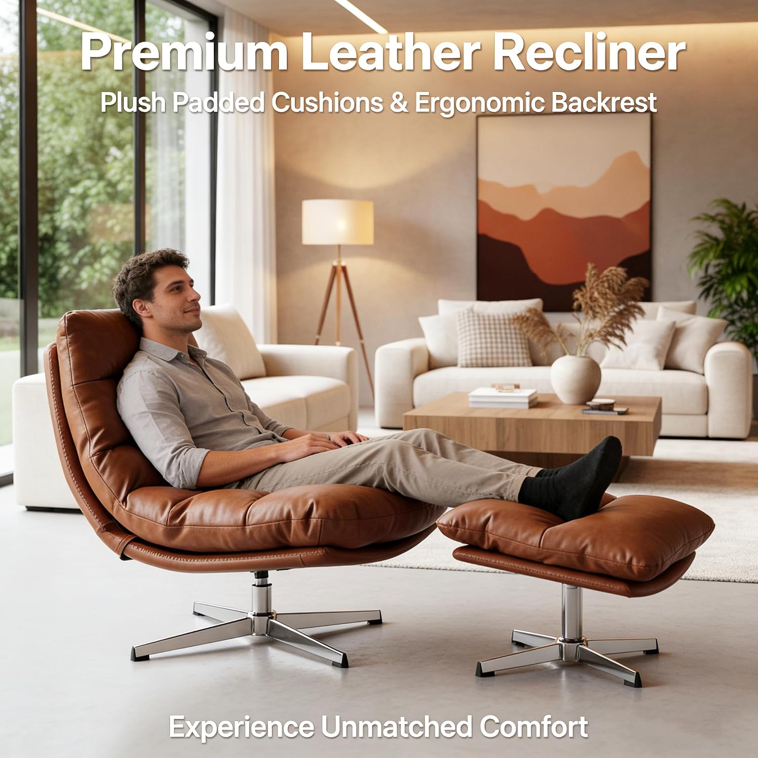 HNY Brown Swivel Lounge Chair with Ottoman Modern PU Leather Accent Chair with Footrest 33'' Wide Oversized Armless Upholstered Reading Chair with Footstool for Living Room Bedroom Comfy