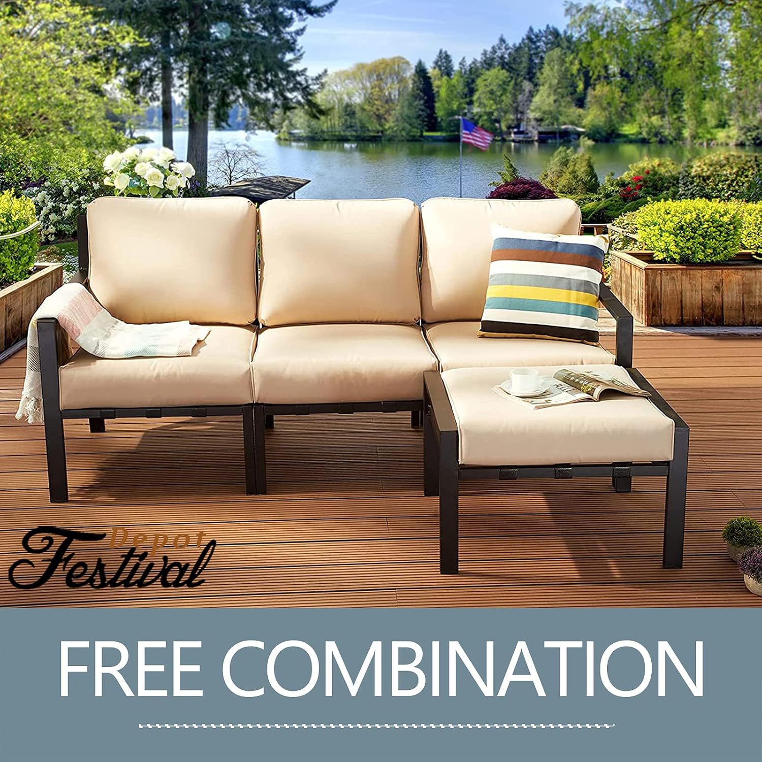 Festival Depot Patio Ottoman Outdoor Footstool with 4.3 Cushion Small Seat All Weather Metal Furniture for Deck Poolside Yard, Grey, PF20150