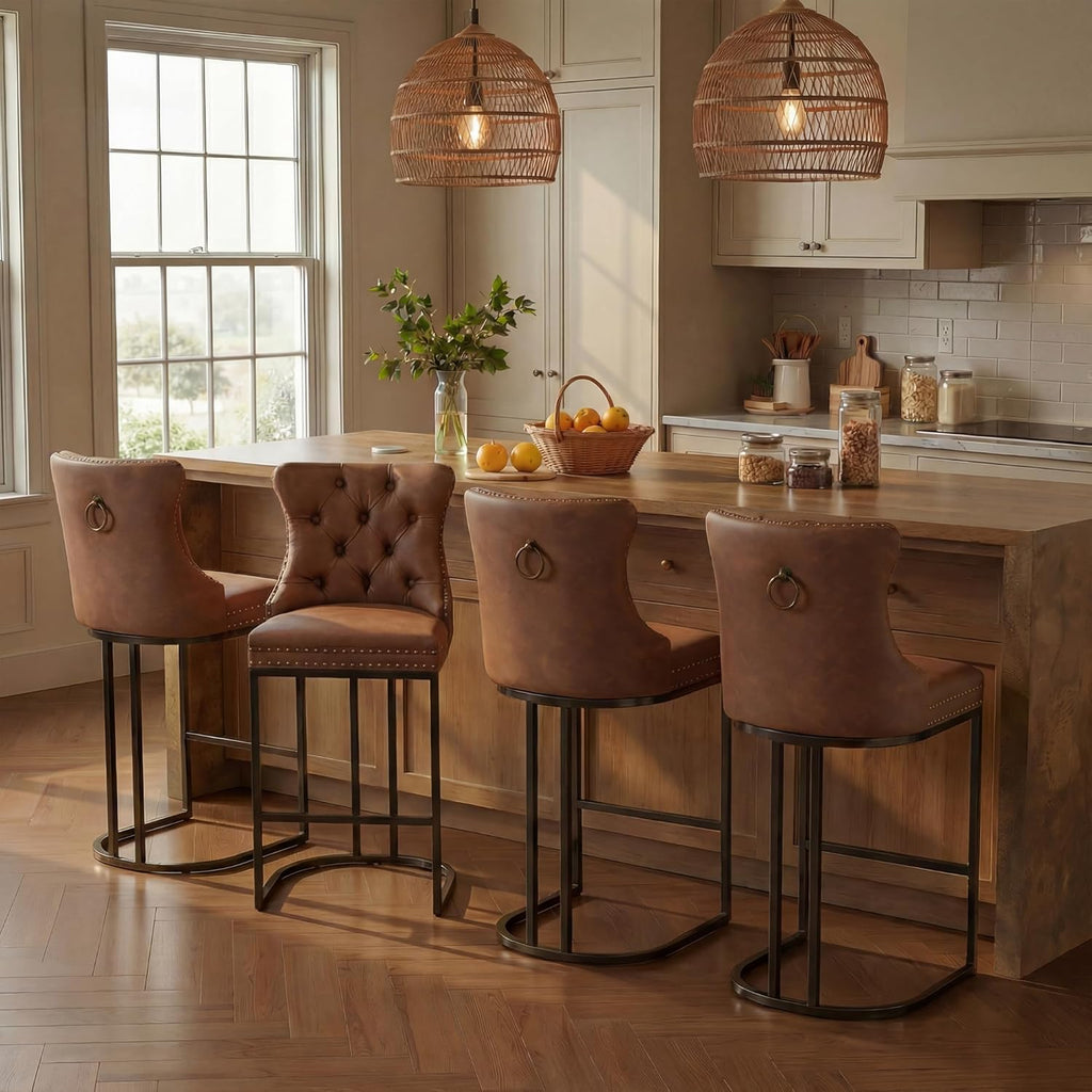 AQO Counter Height Bar Stools Set of 4 for Kitchen Island, Modern Bar Stools with Backs, 26 Inch Barstools with Upholstered Faux Leather Seat and Footrest, Brown