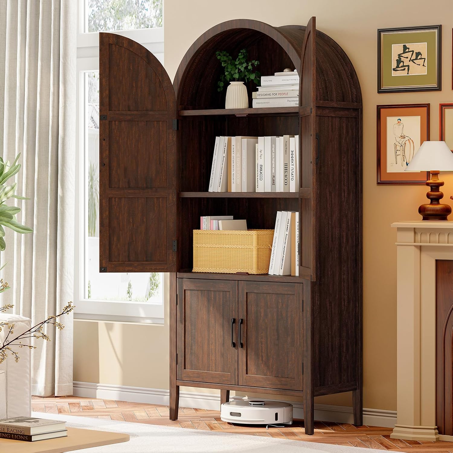 ONBRILL 71" Tall Wooden Arched Cabinet, 5-Tier Arched Kitchen Pantry Cabinet with Doors & Shelves, Farmhouse Kitchen Arch Cabinets with Adjustable Feet, Wooden Pantry Storage for Dining Room(Brown)